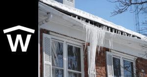 Scoial share for six common problems in winter for roofing featuring a photo of a ICE Damn