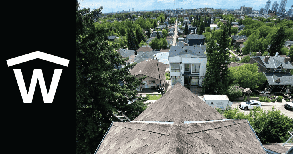 A black strip on the right with the W4SR Logo and a picture of a roof and Calgary landscape on the right