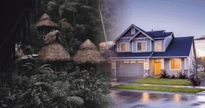 A thatched roof on the left blending into a m odern home on the right showing the timeline of roofing history