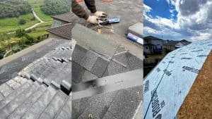 three pictures of roof replacements side by side at varying stages of the process