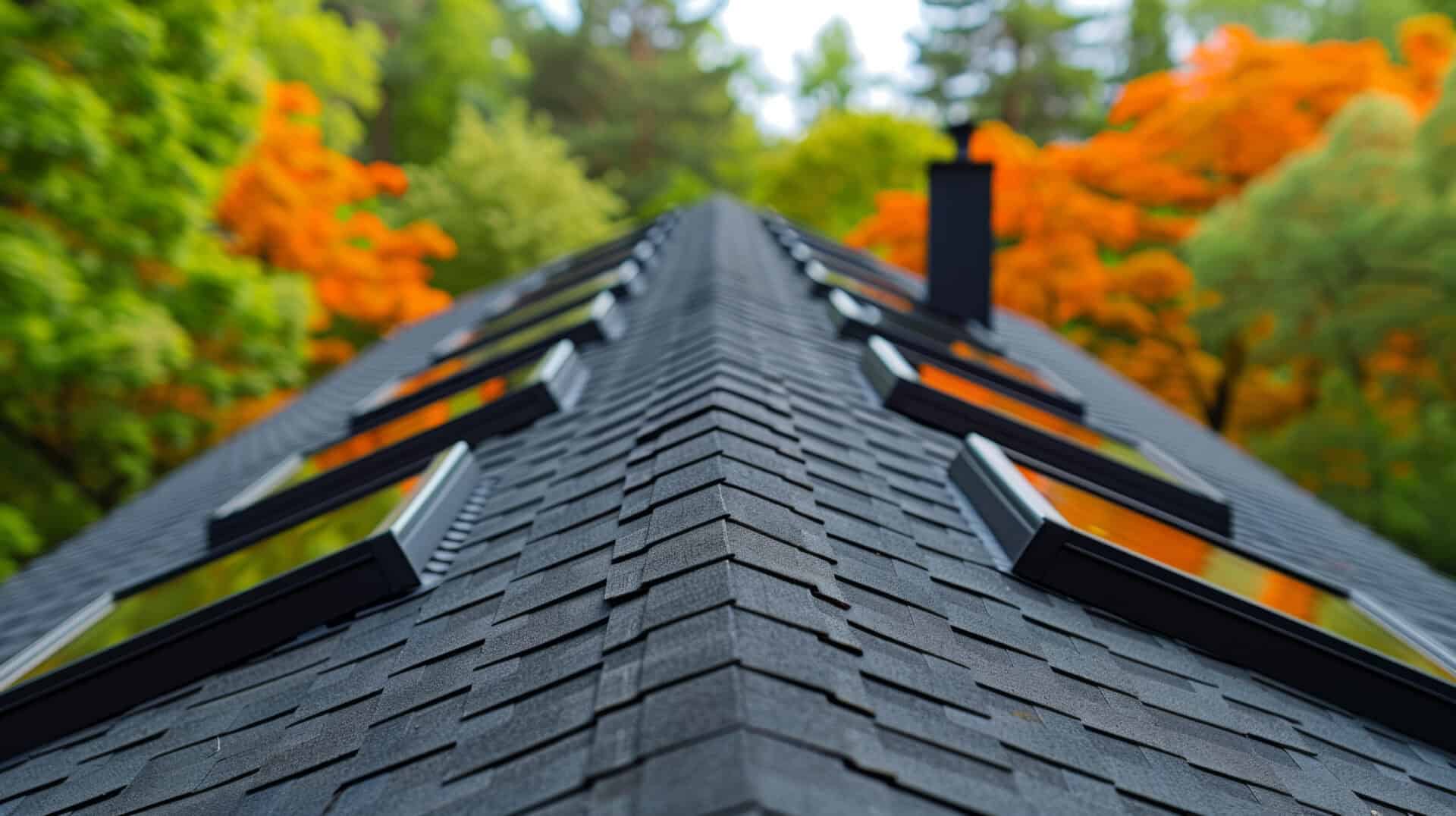 Black shingled roof with skylights surrounded by lush green and autumn foliage
