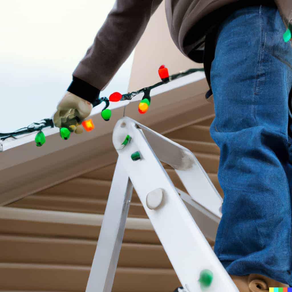 man putting up Christmas lights in calgary