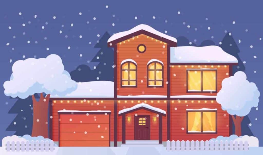 Illustration of a Calgarian house with Christmas lights during the winter holidays.