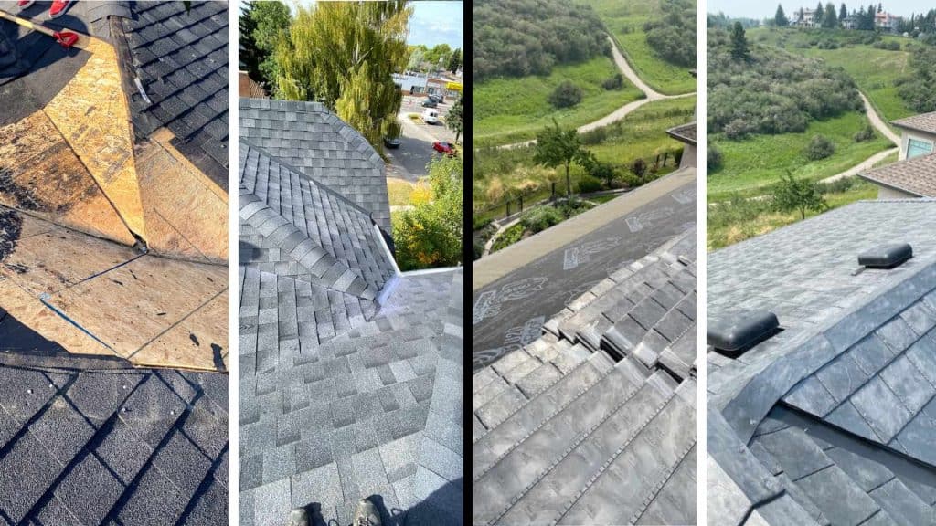 Multiple pictures side by side of repairing roofs in calgary