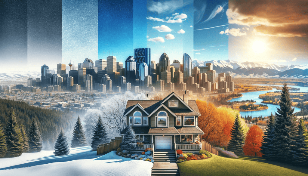 A home in calgary with the skyline and mountains in the background illustrating each season your home goes through.