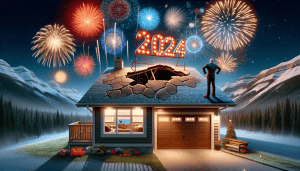 A hole in a roof bringing in 2024, with fireworks and mountains in the background