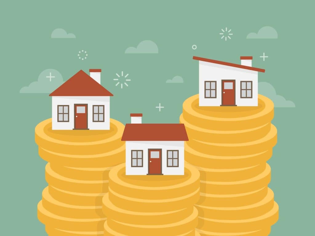 Three houses with different roofs with coins illustrating saving money with your roof