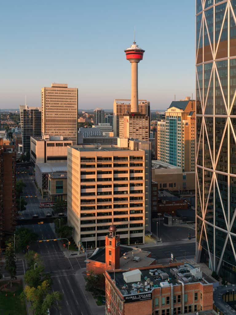 Downtown Calgary showing some commercial rooftop beside the bow and Calgary tower in the background