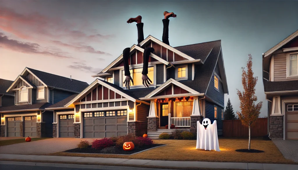 a home in calgary during Halloween with monster legs sticking out, showing spooky problems you can have.