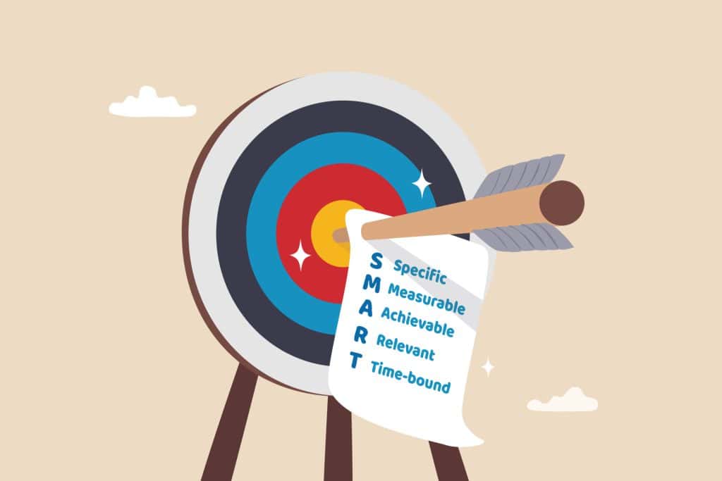 A target and an arrow hitting the middle, with a note saying smart for smart goals.